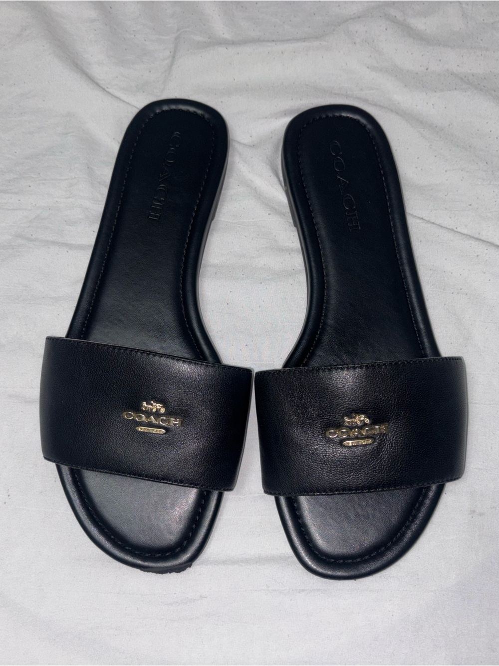 Coach Black Leather Slide Sandals with Gold Logo